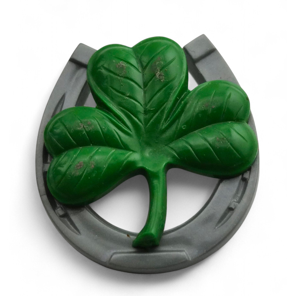 Vintage Lucky Shamrock Horseshoe Brooch Green Gray Plastic Pin